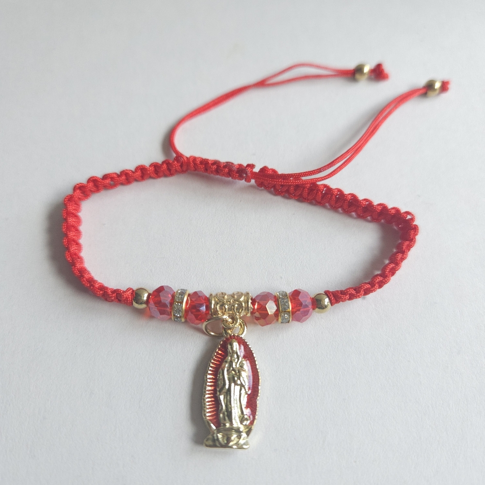 Red and Gold Adjustable Bracelet with Religious Charm Guadalupe
